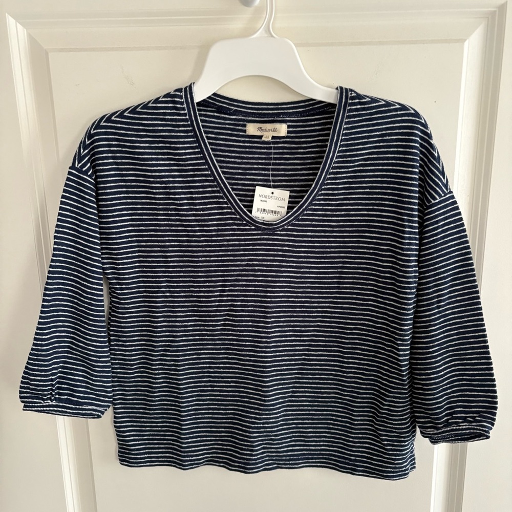 Madewell Navy and White Striped V-Neck Top Puff Sleeve